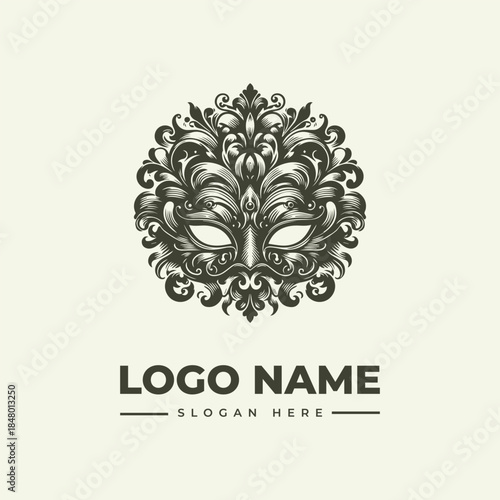 A logo design featuring an ornate tree illustration with a vector logo name and slogan on a beige background.