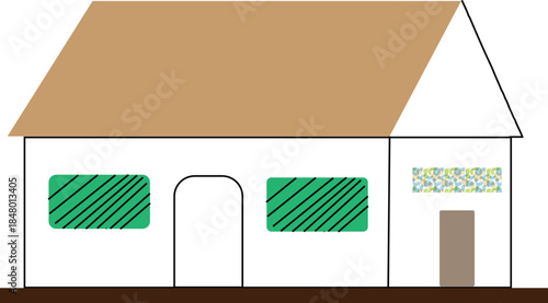 A simple house with a brown roof and green windows