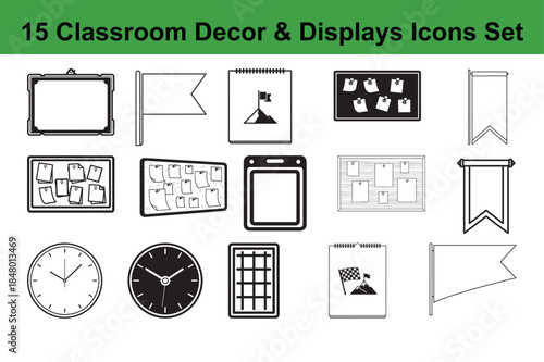 Set of 15 classroom decor and displays icons including whiteboards flags notepads and various bulletin boards clocks