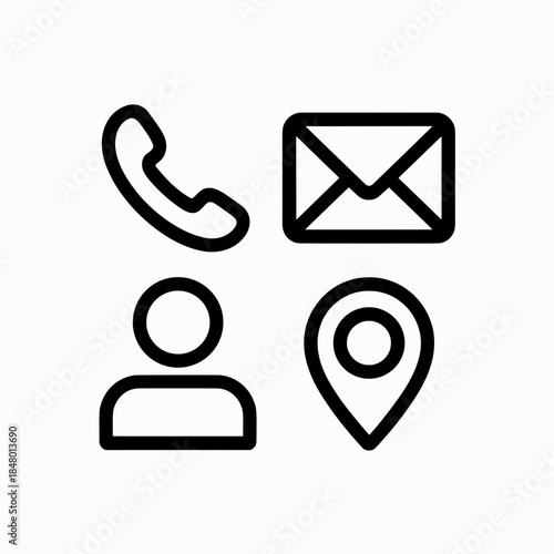 Contact Information Icons Set Phone, Email, Profile, and Location, Vector Outline Style