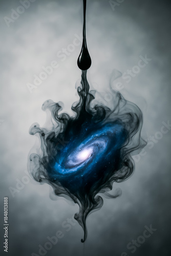 Abstract galaxy formation with swirling smoke and a droplet