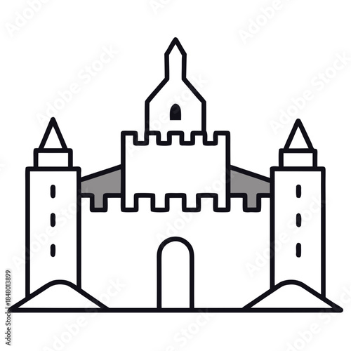 A simple line drawing of a medieval style castle