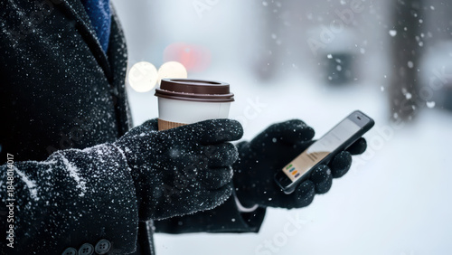 An image of an office worker going to work on a snowy day, holding coffee in one hand and a smartphone in the other.