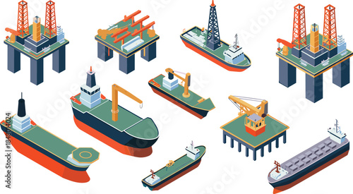 Isometric offshore oil rig platforms and cargo ships illustration set for energy industry logistics drilling transportation, marine engineering vector design