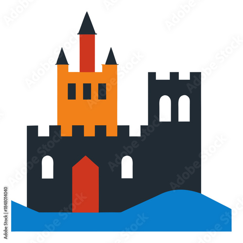 A colorful medieval castle on a hill by the sea