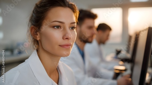 Wallpaper Mural Female scientist in a lab coat intently focused on a computer monitor with colleagues in the background during early morning light Torontodigital.ca