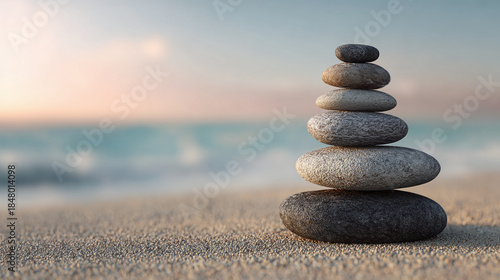 Stacked stones at the beach, promoting inner peace and tranquility. A zen image with rocks in perfect balance on the shore. 