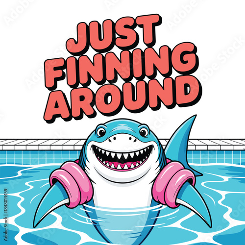 Cartoon shark with pink arm bands in swimming pool