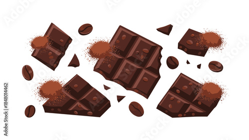 Dark chocolate pieces and coffee beans are scattered artfully, creating a rich and inviting composition for food and beverage themes.