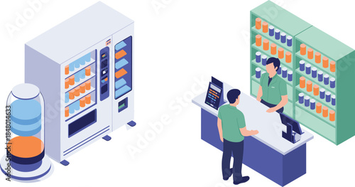 Isometric pharmacy interior illustration showing medicine shelves vending machine pharmacist serving customer, healthcare retail, drugstore management, medical supply concept