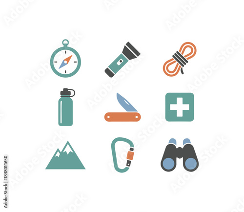 Camping and hiking equipment icons set on black background