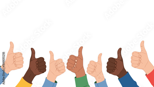 Diverse group of hands giving thumbs up gestures, symbolizing positivity, agreement, support, and successful teamwork.