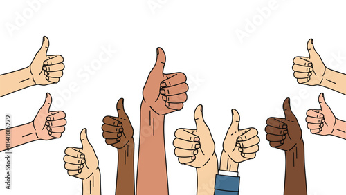 Diverse group of hands giving thumbs up gestures expressing approval, positivity, and support in a cheerful illustration.