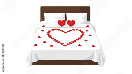 Romantic bed decorated with red rose petals and two heart-shaped pillows creates a loving and intimate atmosphere for couples.