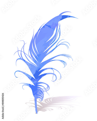 Watercolor stylized feather of a blue bird.
