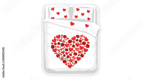 Romantic bed arrangement with heart shaped roses and scattered hearts creates a loving and cozy atmosphere for valentines day or special occasions.