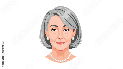 Portrait of a smiling senior woman with gray hair and pearl necklace, conveying warmth and wisdom.