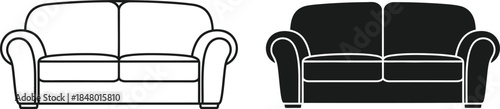 Two-Seater Sofa Vector Silhouette, Loveseat Furniture Icon, Couch Outline Illustration, Black Isolated Graphic, Living Room Decor Element, EPS Design