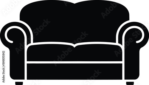 Two-Seater Rolled Arm Sofa Vector Silhouette, Loveseat Furniture Icon, Couch Graphic Illustration, Black Isolated Design, Living Room Element, EPS Icon