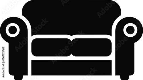 Two-Seater Rolled Arm Sofa Vector Silhouette, Loveseat Furniture Icon, Couch Graphic Illustration, Black Isolated Design, Living Room Element, EPS Icon
