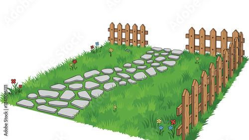 A charming garden path winds through lush green grass alongside a rustic wooden picket fence, creating a welcoming outdoor scene.