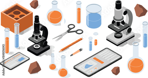 Isometric scientific laboratory equipment illustration with microscopes test tubes flasks research tools chemistry biology analysis education concept vector design set