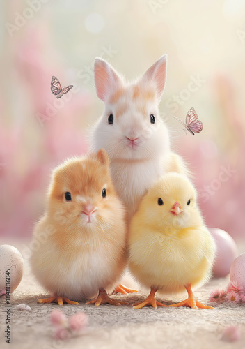 Wallpaper Mural Standing rabbit shelters two tiny chicks amid eggs and fluttering butterflies. Torontodigital.ca