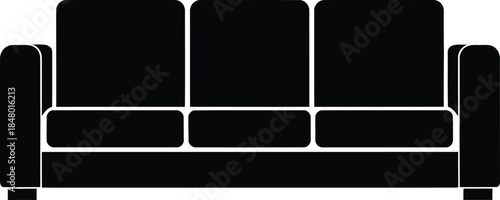 Three-Seater Sofa Vector Silhouette, Couch Furniture Icon, Living Room Seat, Black Isolated Graphic, Home Decor Element, EPS Illustration