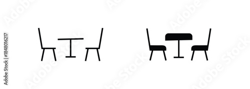 Table with chair icon. table for festive holiday romantic dinner, Street cafe, Dining line flat icons set, editable stroke isolated white, linear vector outline illustration, symbol logo design style
