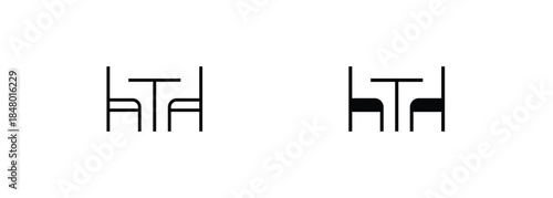 Table with chair icon. table for festive holiday romantic dinner, Street cafe, Dining line flat icons set, editable stroke isolated white, linear vector outline illustration, symbol logo design style
