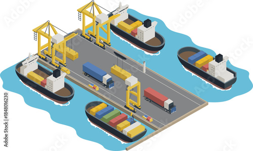 Isometric seaport logistics illustration showing container ships cranes trucks, global cargo transportation, shipping terminal operations, supply chain, international trade concept
