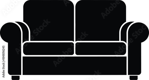 Two-Seater Rolled Arm Sofa Vector Silhouette, Loveseat Furniture Icon, Couch Graphic Illustration, Black Isolated Design, Living Room Element, EPS Icon