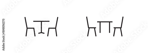 Table with chair icon. table for festive holiday romantic dinner, Street cafe, Dining line flat icons set, editable stroke isolated white, linear vector outline illustration, symbol logo design style