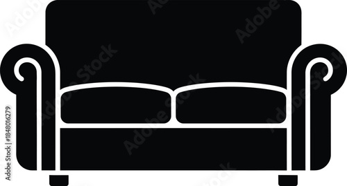 Two-Seater Rolled Arm Sofa Vector Silhouette, Loveseat Furniture Icon, Couch Graphic Illustration, Black Isolated Design, Living Room Element, EPS Icon