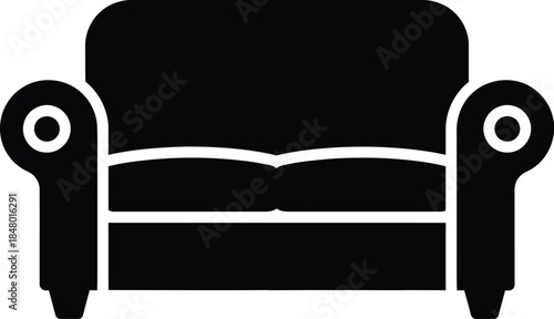 Two-Seater Rolled Arm Sofa Vector Silhouette, Loveseat Furniture Icon, Couch Graphic Illustration, Black Isolated Design, Living Room Element, EPS Icon