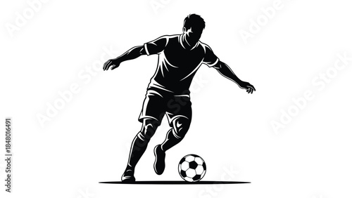 Dynamic black and white silhouette of a soccer player dribbling a football skillfully