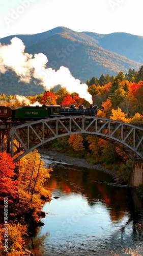 Vintage steam locomotive crosses a metal truss bridge over a reflective river surrounded by vibrant autumn foliage and distant mountains