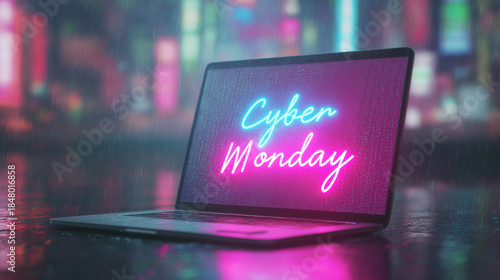 Wet laptop screen displaying Cyber Monday neon text on rainy night