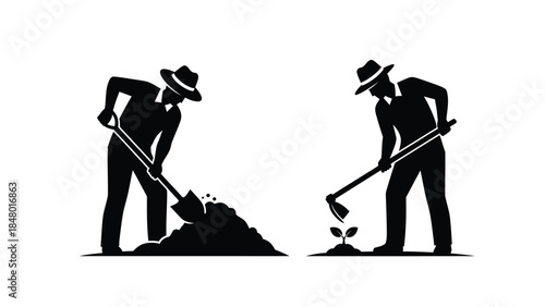 Two farmers in silhouette working the soil with a shovel and a hoe for planting
