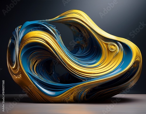 abstract sculpture with flowing blue and yellow patterns against a dark background