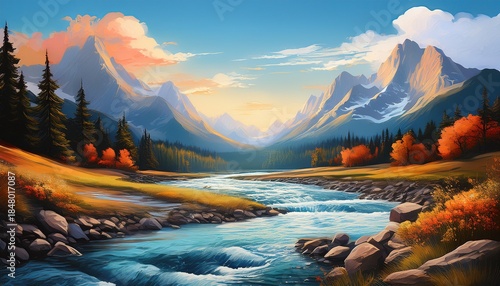majestic mountain river landscape painting serene landscape painting captures mountains and flowing river