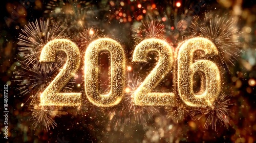 Sparkling 2026 Golden New Year with Fireworks Display.