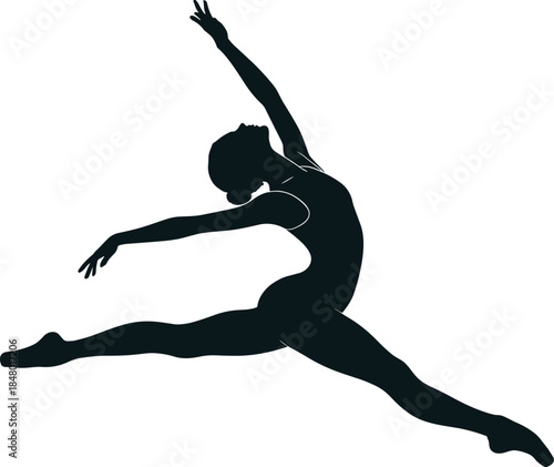 Ballet dancer silhouette, grand jeté leap, elegant pose, dance movement, vector illustration, artistic performance, graceful jump, black clipart