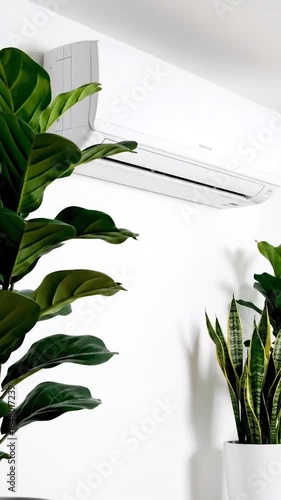 White wall with a fiddle-leaf fig, snake plant, and air conditioner