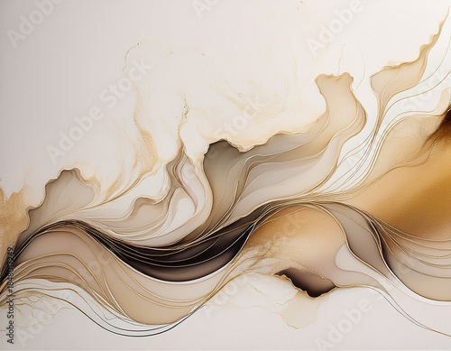 abstract ink blot design with flowing lines in neutral tones on a white paper background