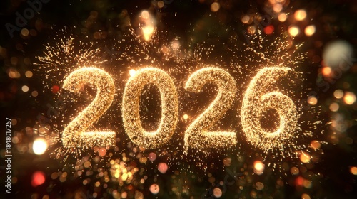 Golden 2026 New Year Fireworks on Dark Bokeh Background Festive Sparkles.