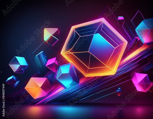 abstract geometric shapes floating in a vibrant neon glow against a dark backdrop