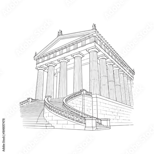 Architectural line drawing of a classical building with columns and curved staircase. Vector illustration sketch of a museum, library, or courthouse facade from a low angle perspective.
