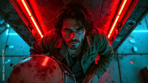 Close up illustration of rough Han drumming under the red glow