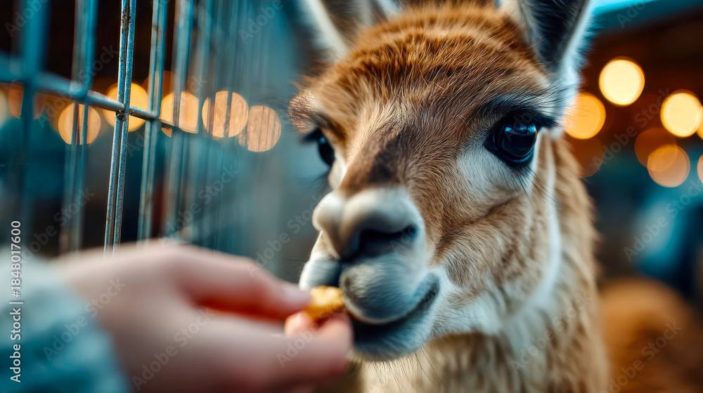 Obraz premium Extreme close-up of an alpaca eating hay, highlighting texture, fur details, and gentle animal behavior